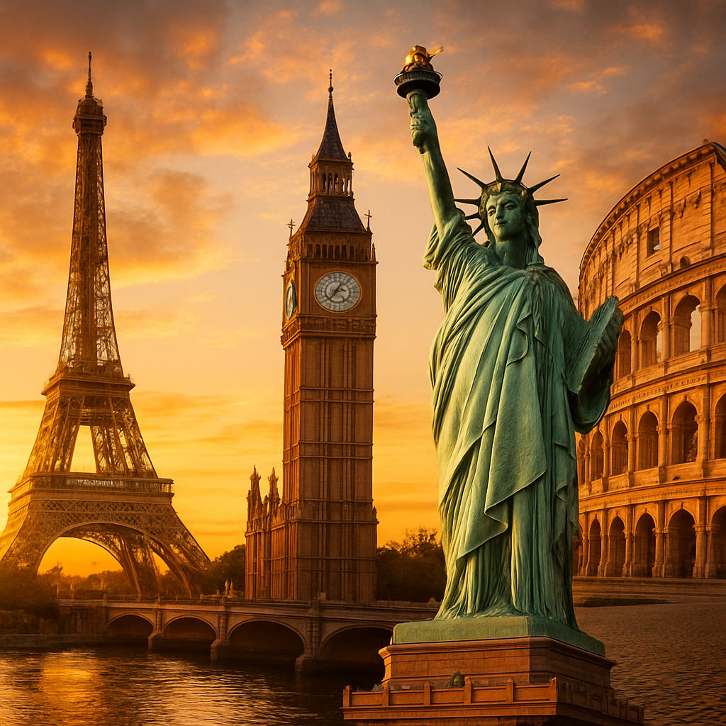 Golden hour world landmarks banner